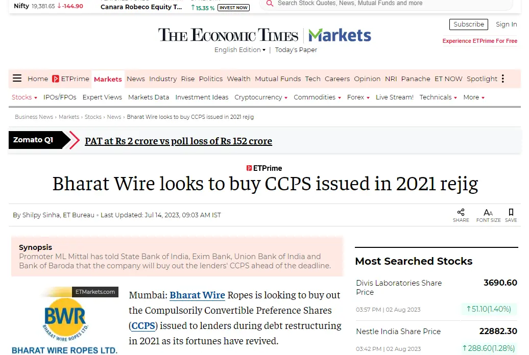 Bharat Wire looks to buy CCPS